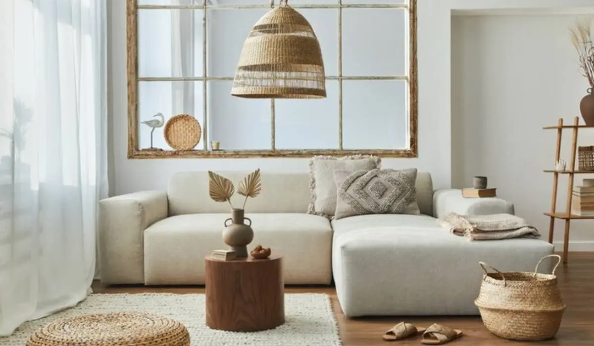 a living room with beige color decorations