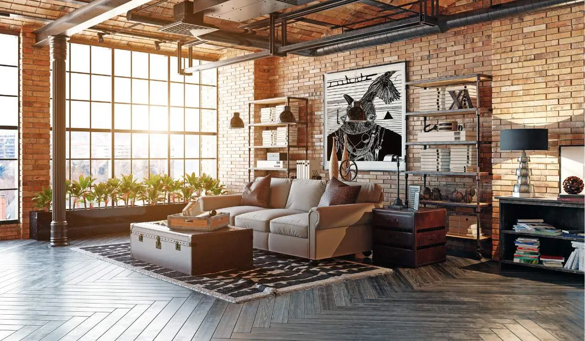 a beautiful open layout condo with brick wall and modern artwork