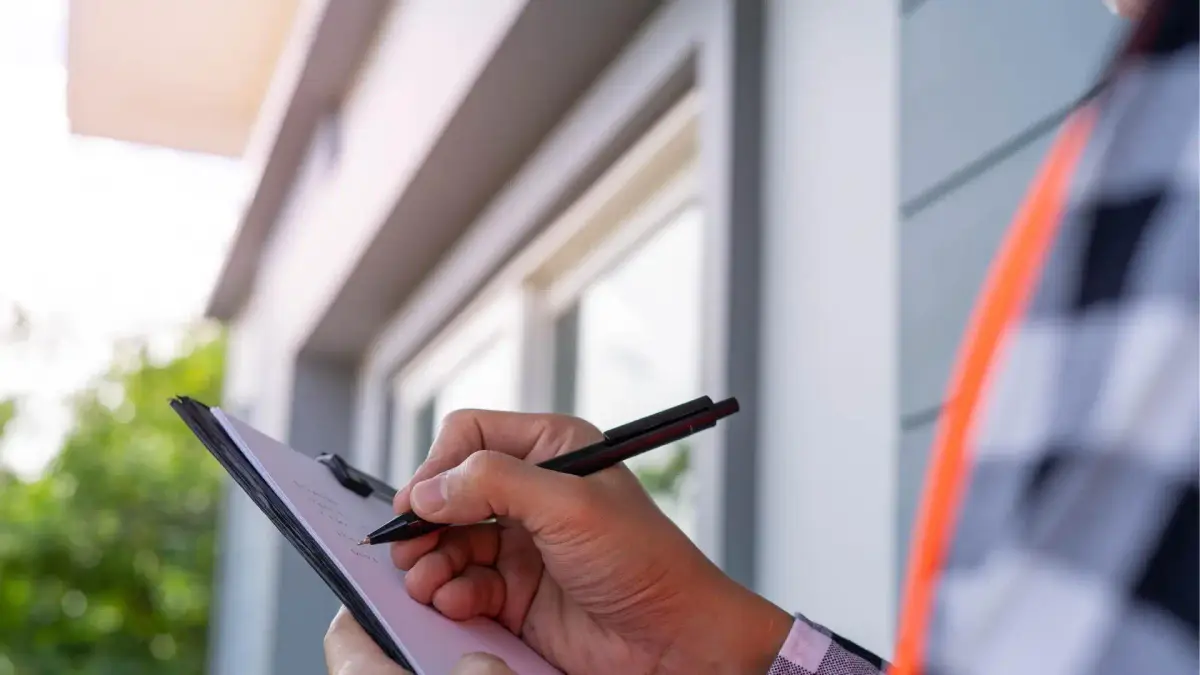 a builder signing a document in front of a pre-construction house
