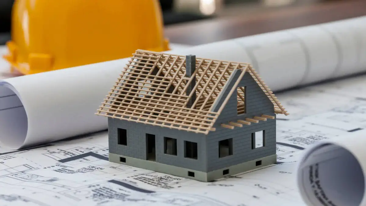 a model of a house sits on top of blueprints and a hardhat