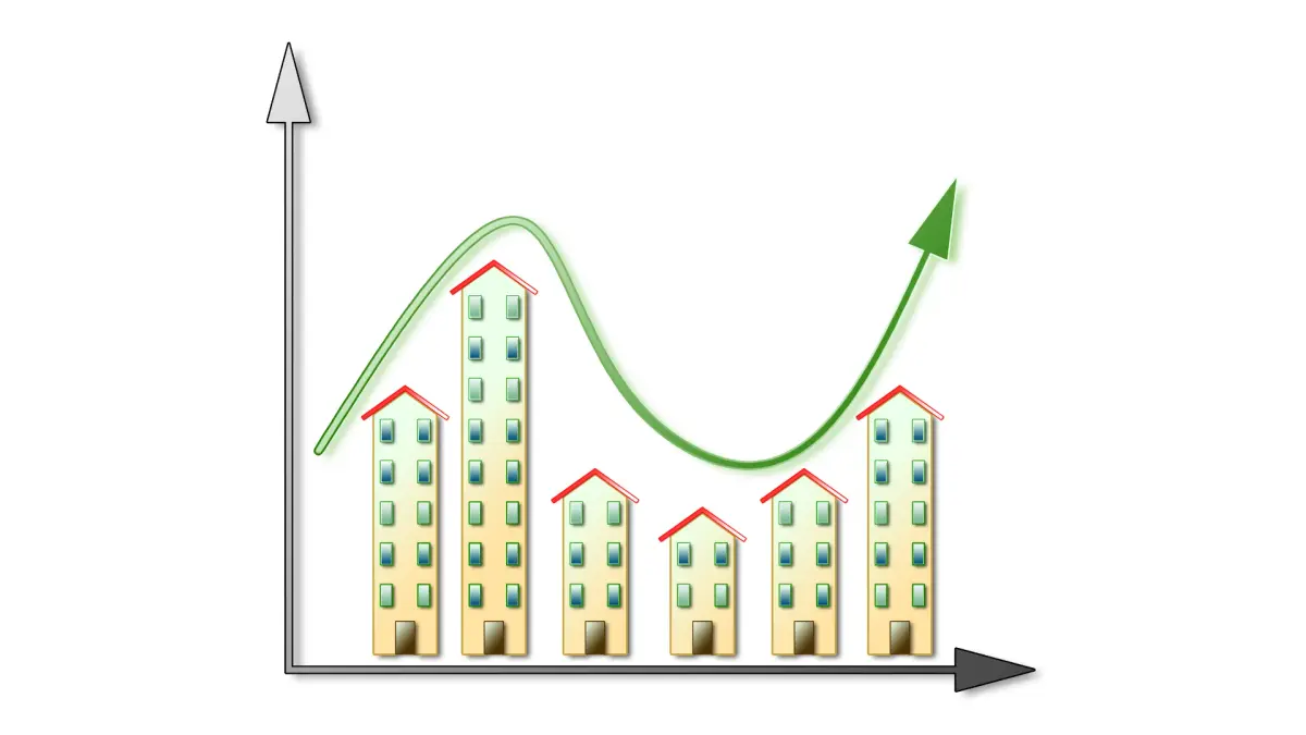 bar graph of houses shows housing market fluctuati with a green arrow